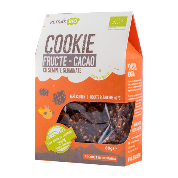 Cookie fructe si cacao cu seminte germinate (fara gluten) BIO Petras Bio - 80 g